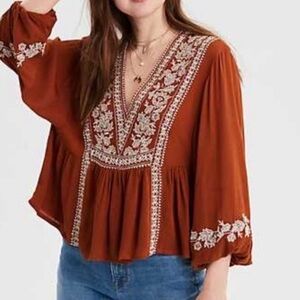 American Eagle Outfitters Brown Embroidered Top